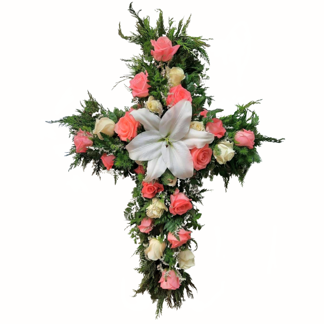 Útfararkross liljur og rósir - Reykjavíkurblóm